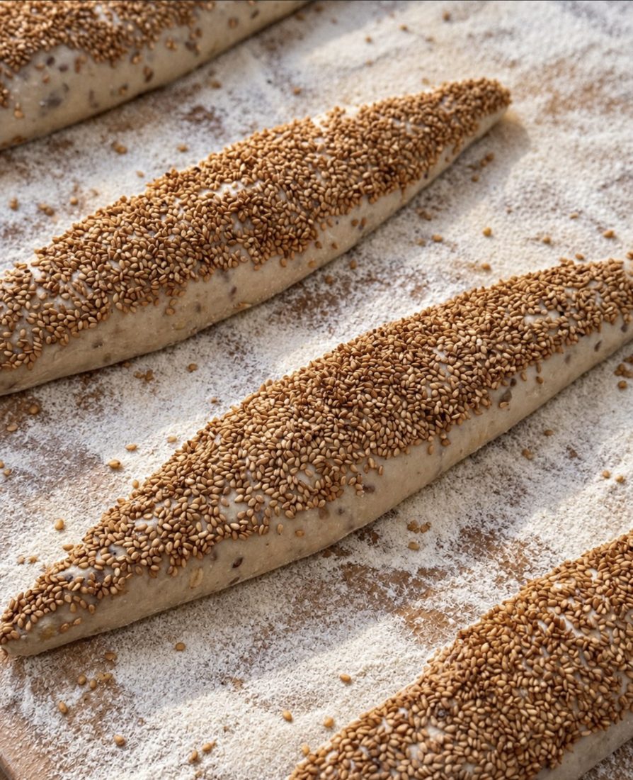 Pains au sésame façonnés avant cuisson